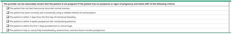 Checklist used to assess the possibility of pregnancy